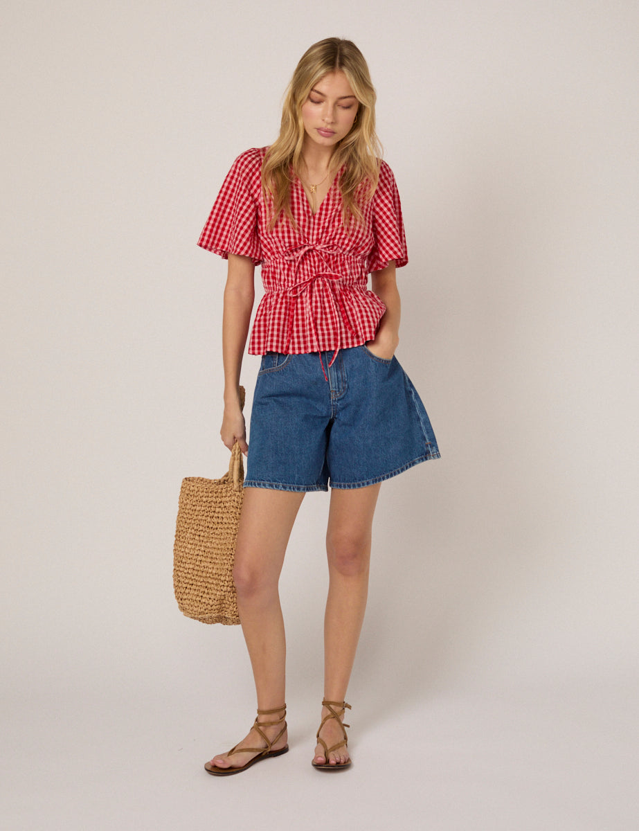Red V-Neck Gingham Cordelia Top