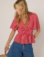 Red V-Neck Gingham Cordelia Top