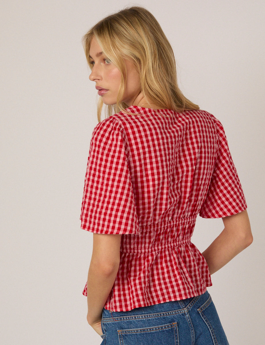 Red V-Neck Gingham Cordelia Top