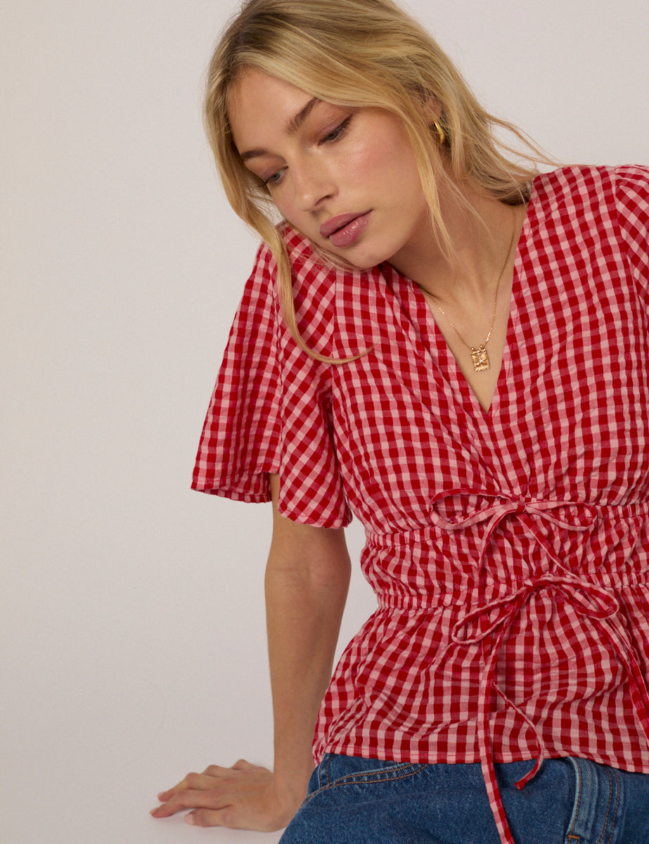 Red V-Neck Gingham Cordelia Top
