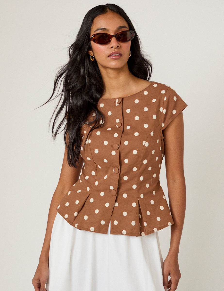 Brown Polka Dot Tailored Top