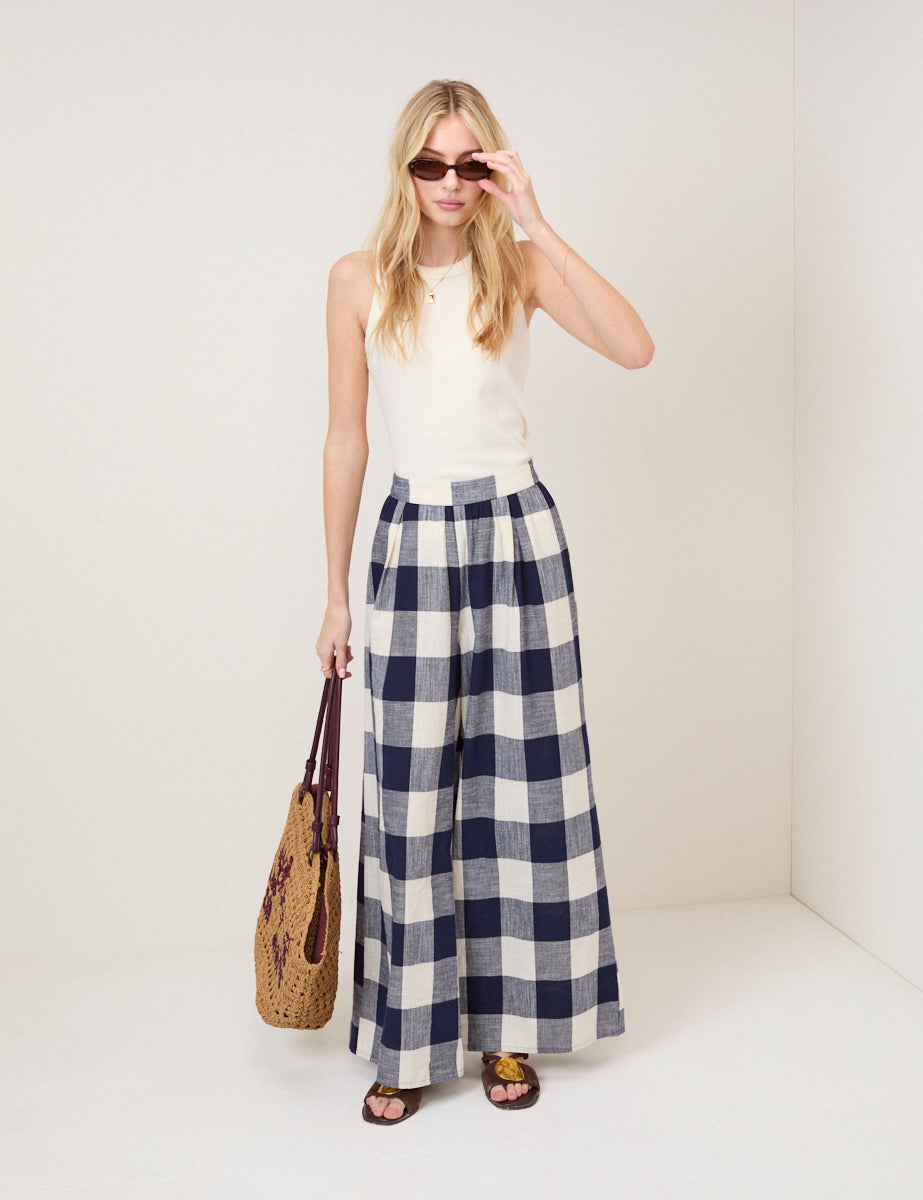 Navy Gingham Wide Leg Trousers
