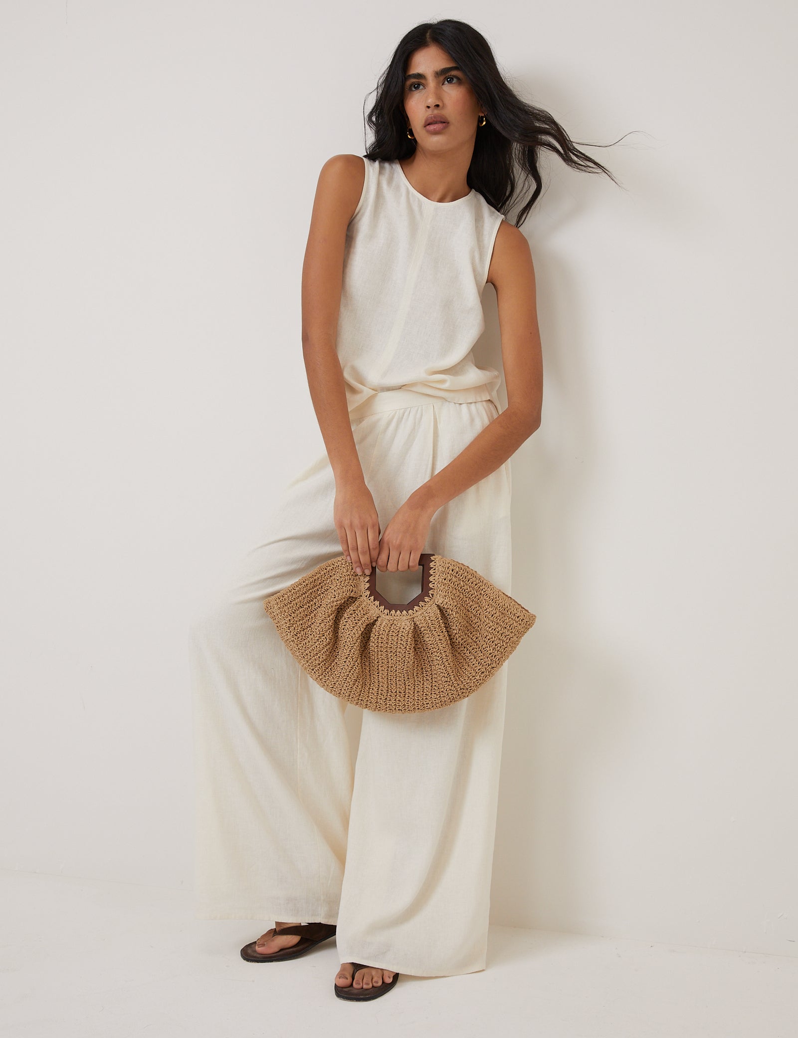 Cream Linen-Blend Top & Trousers Set