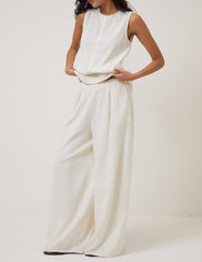 Cream Linen-Blend Top & Trousers Set