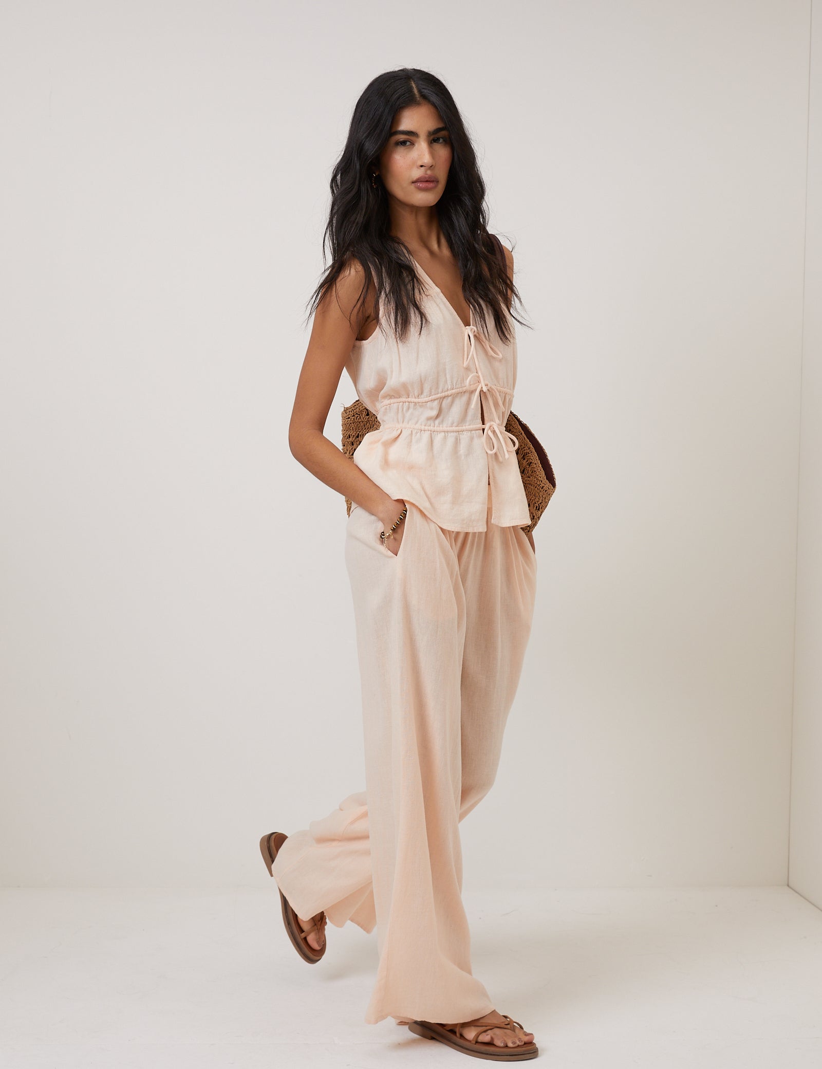Peach Linen-Blend Wide Leg Jerrow Trousers