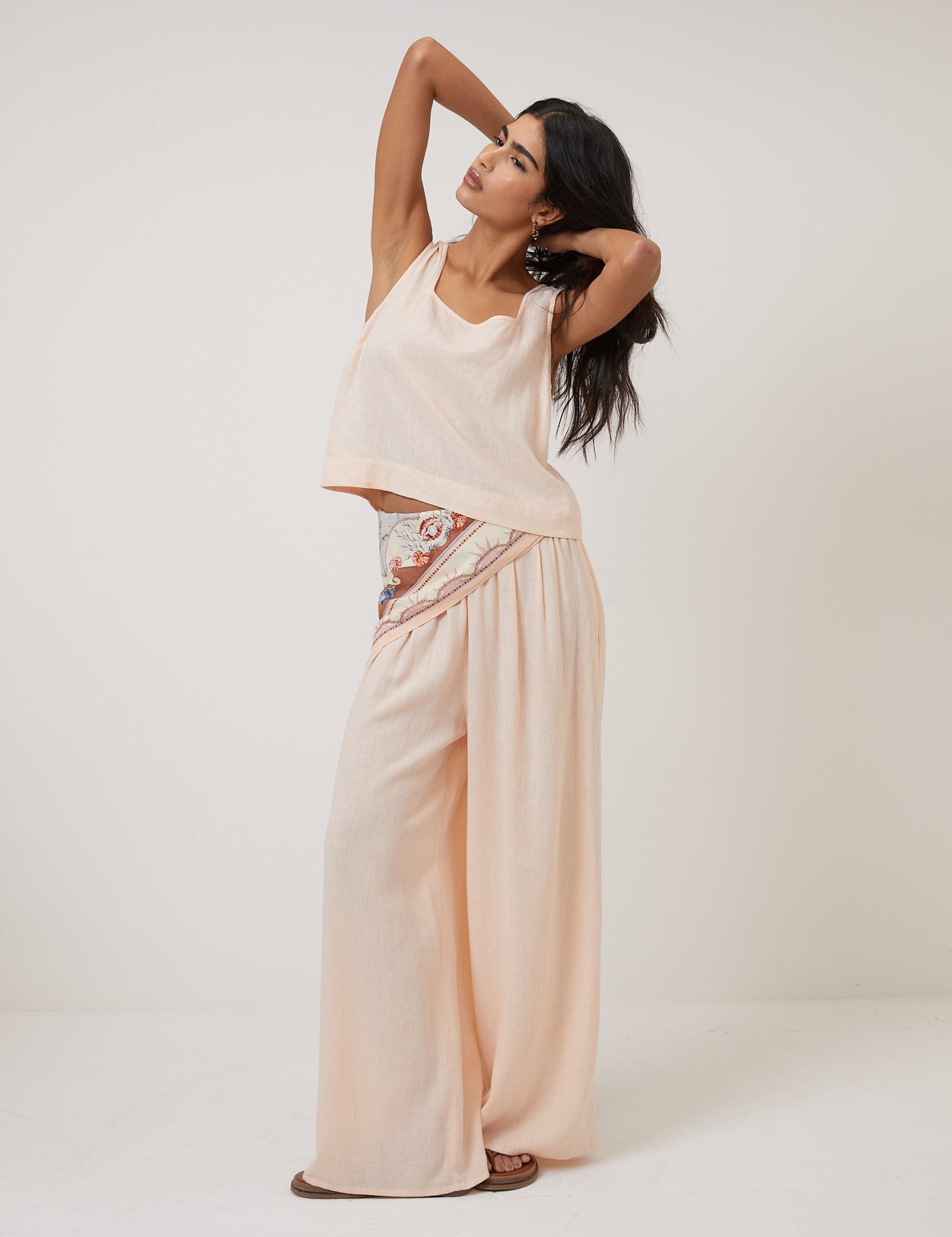 Peach Linen-Blend Wide Leg Jerrow Trousers