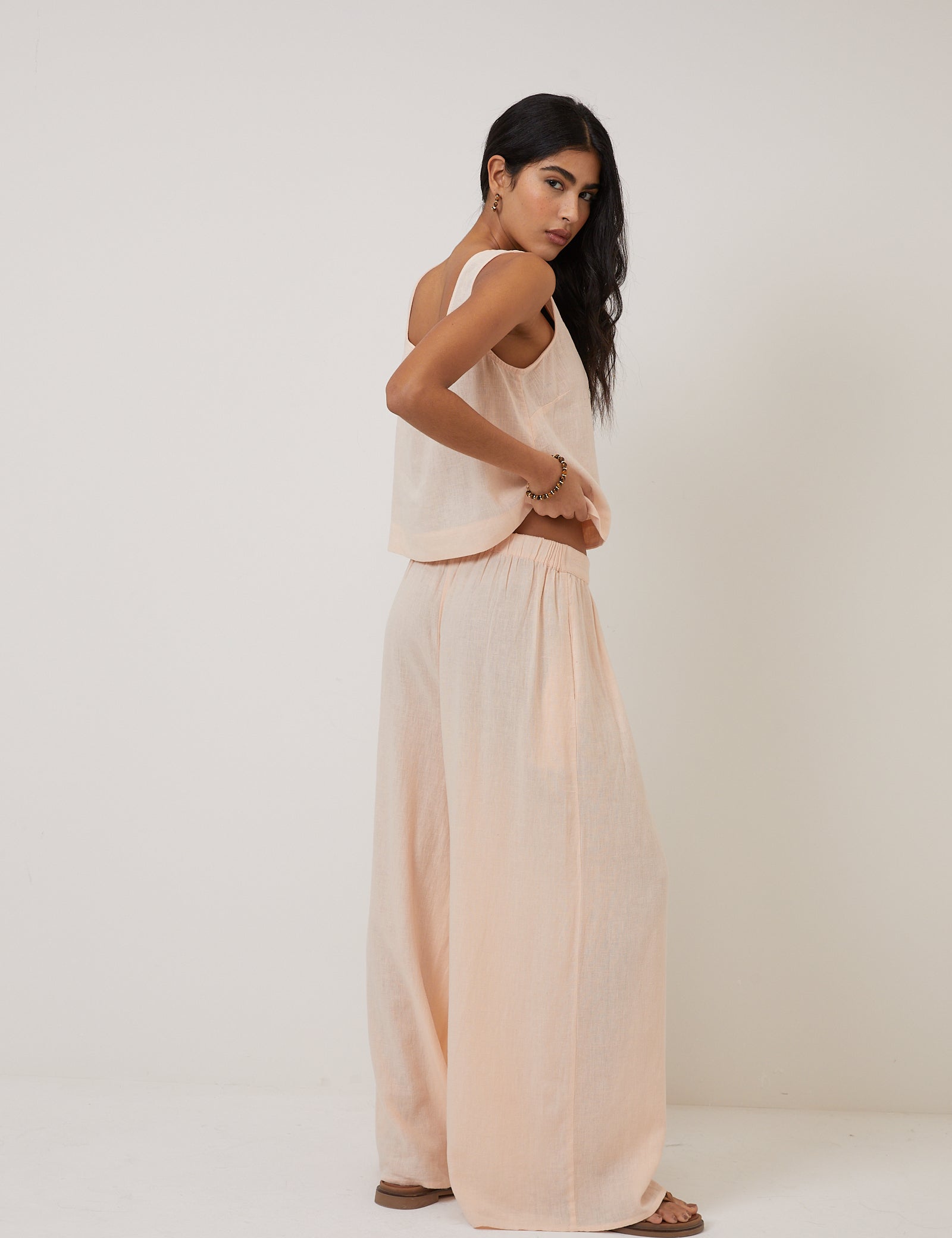 Peach Linen-Blend Wide Leg Jerrow Trousers