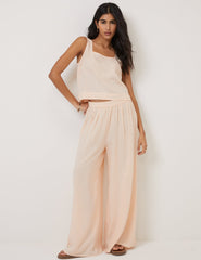 Peach Linen-Blend Wide Leg Jerrow Trousers