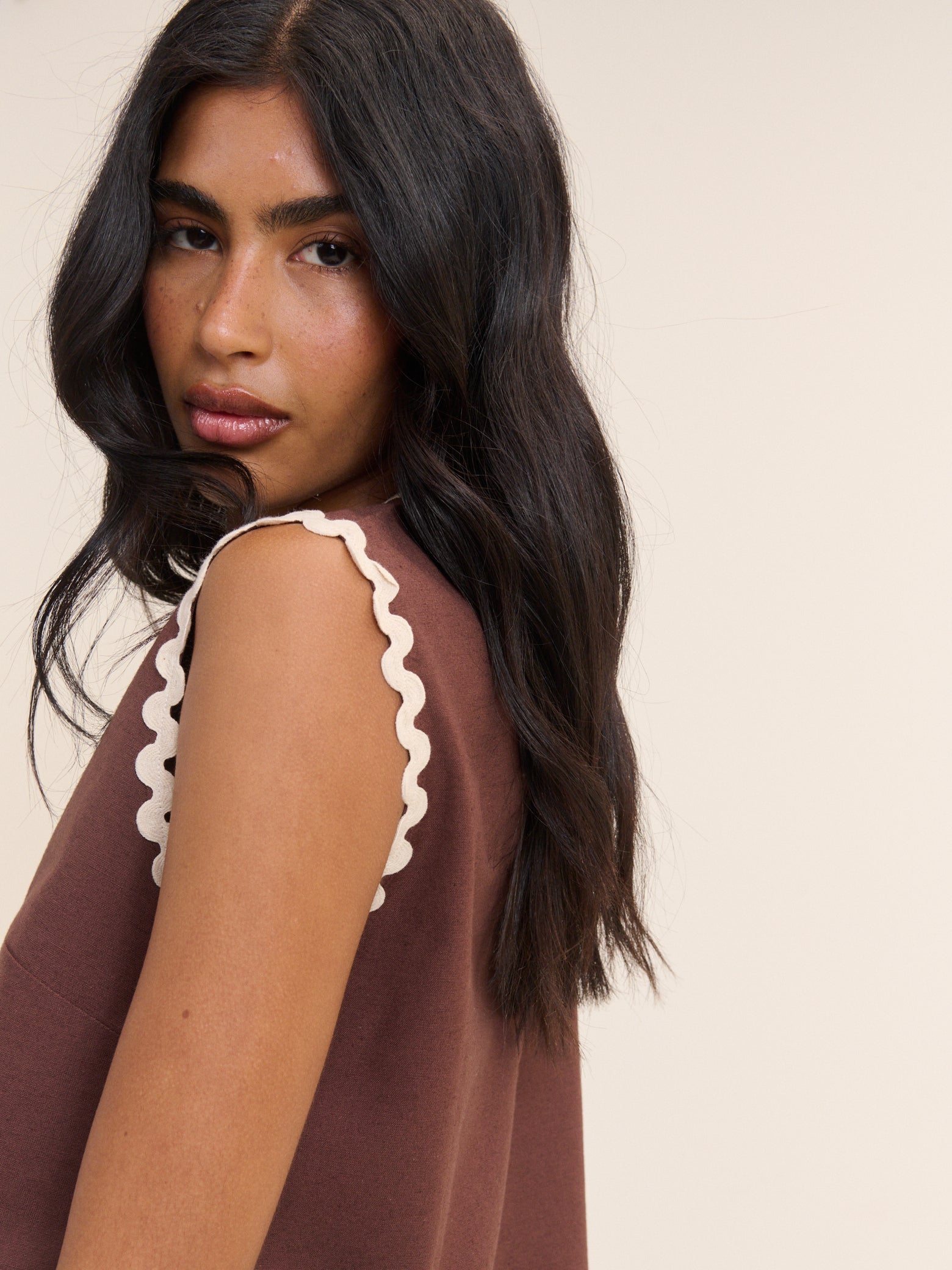Brown Ric Rac Trim Sleeveless Swing Top