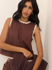 Brown Ric Rac Trim Sleeveless Swing Top