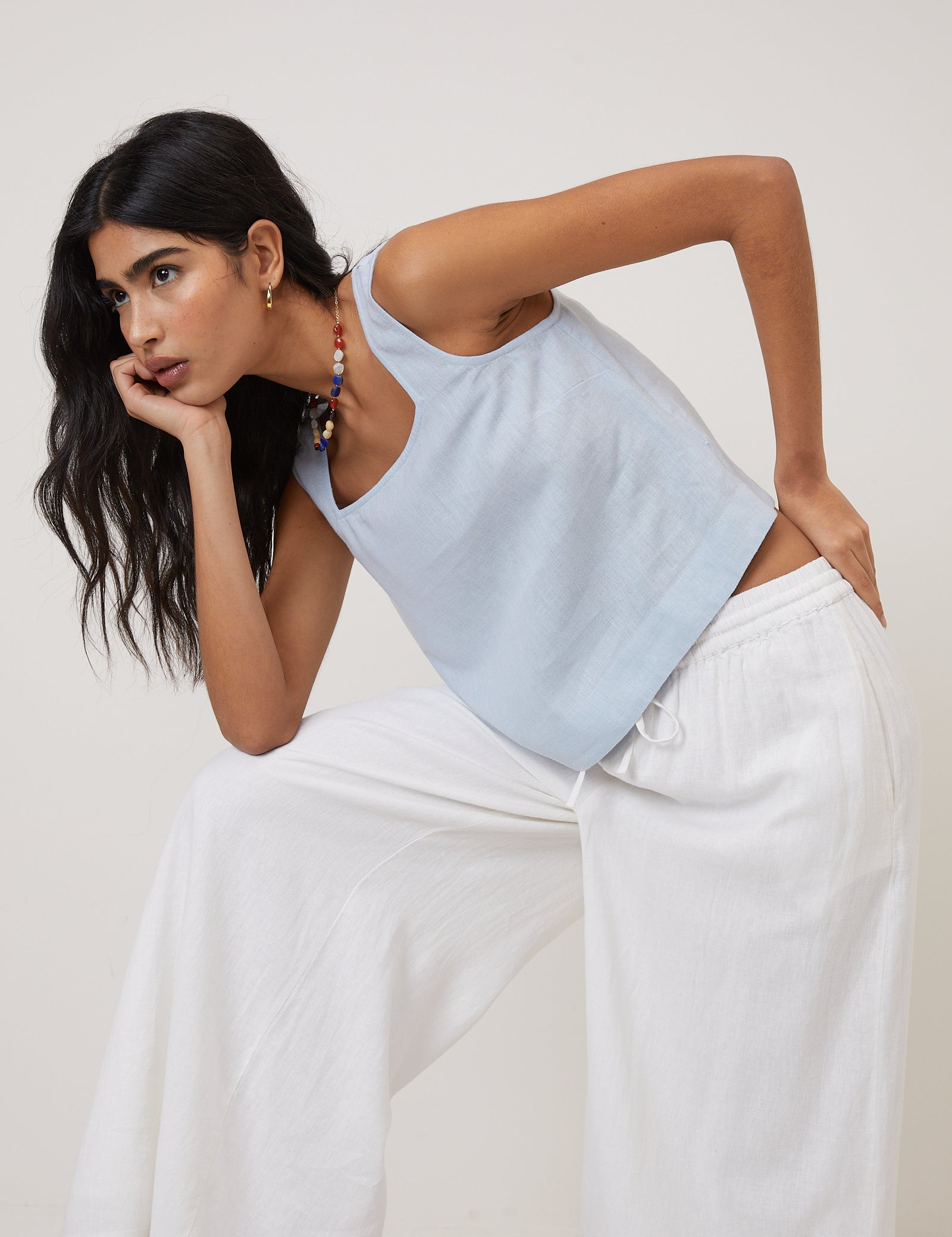 Light Blue Linen-Blend Swing Top