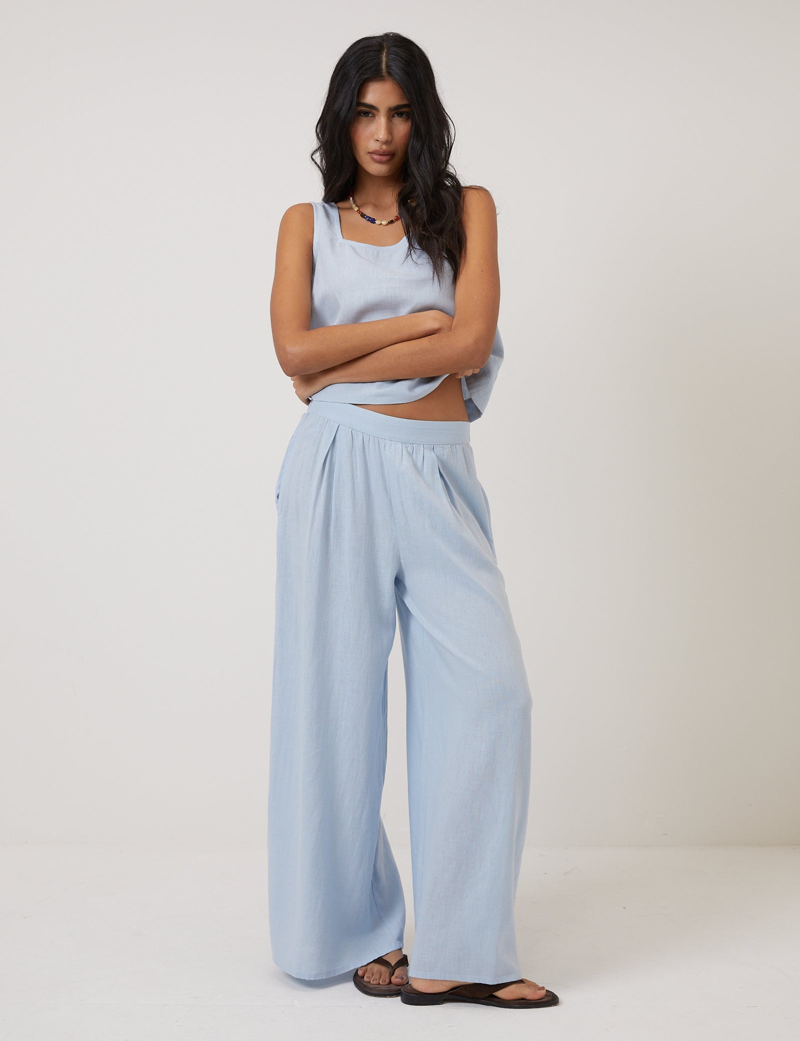 Light Blue Linen-Blend Swing Top