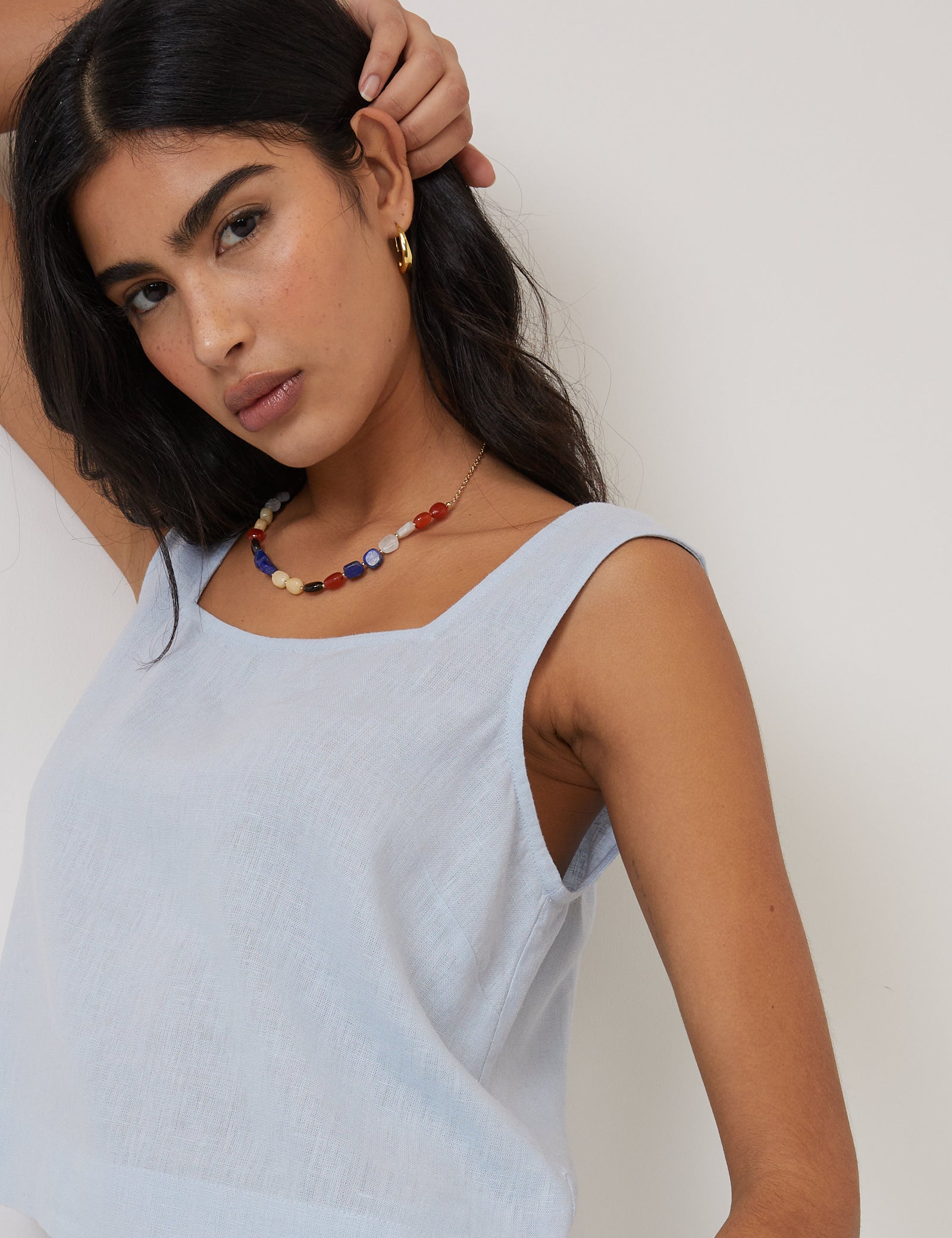Light Blue Linen-Blend Swing Top