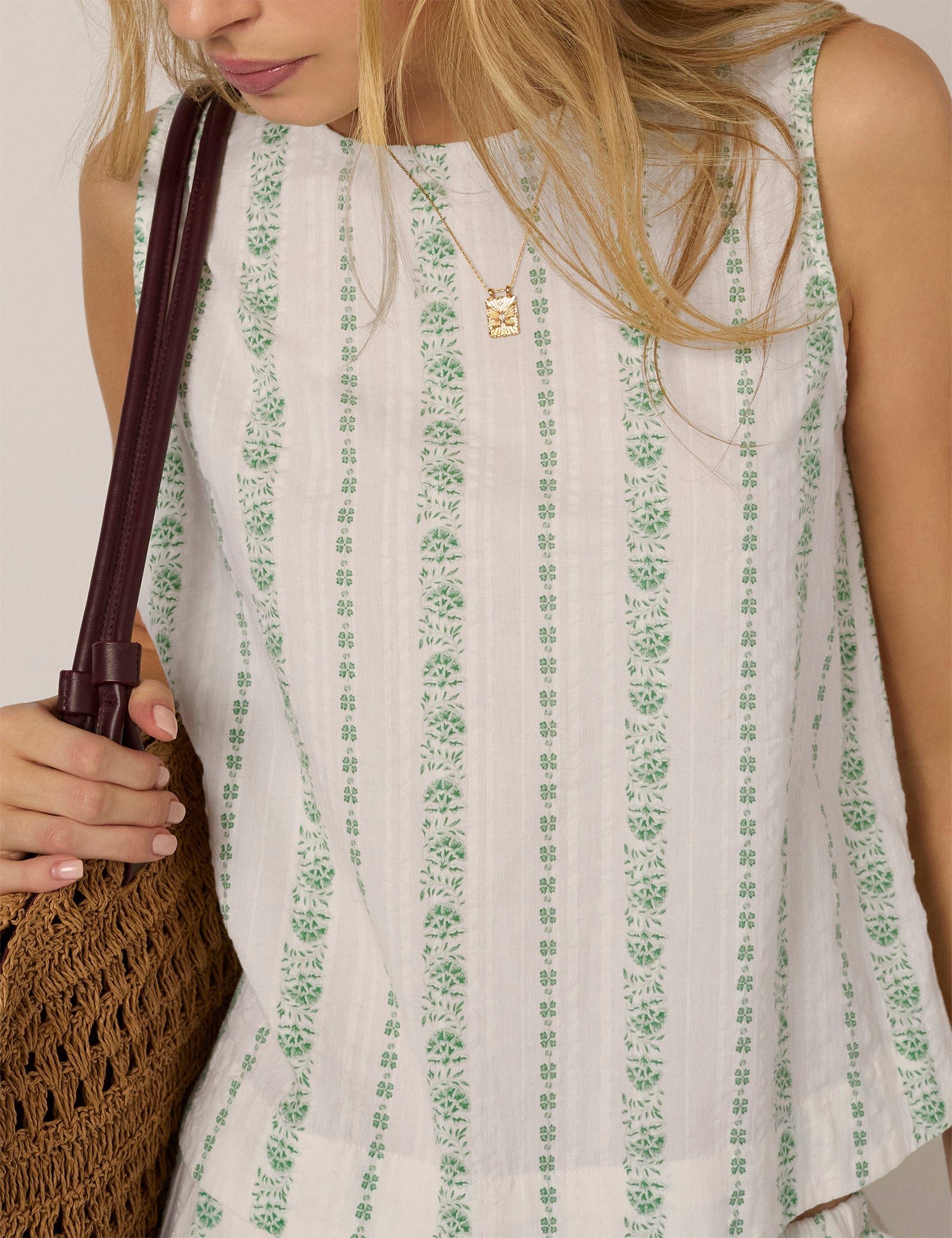White Printed Linen-Blend Sleeveless Swing Top