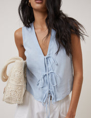 Light Blue Linen-Blend Tie Front Tessa Top