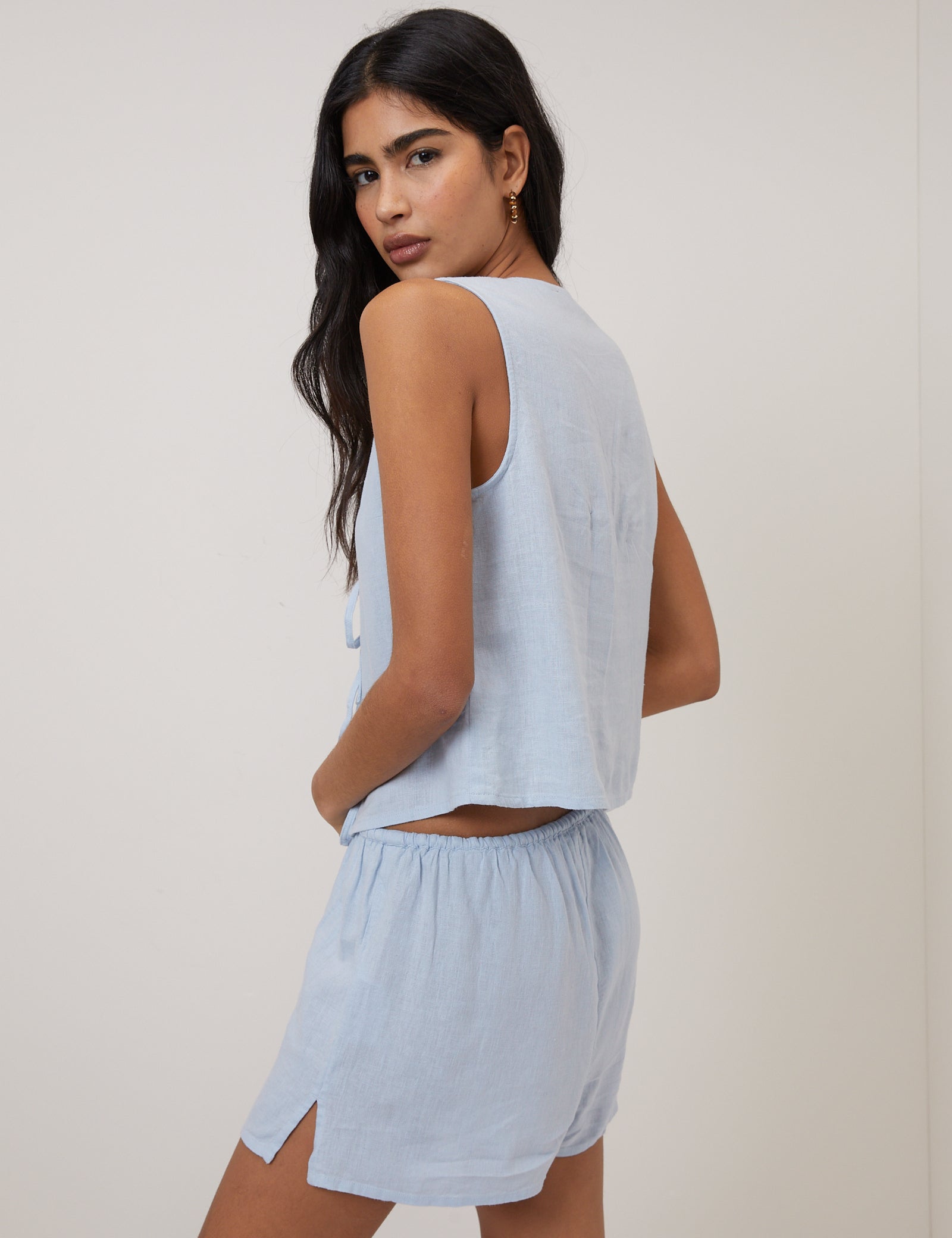 Light Blue Linen-Blend Tie Front Tessa Top