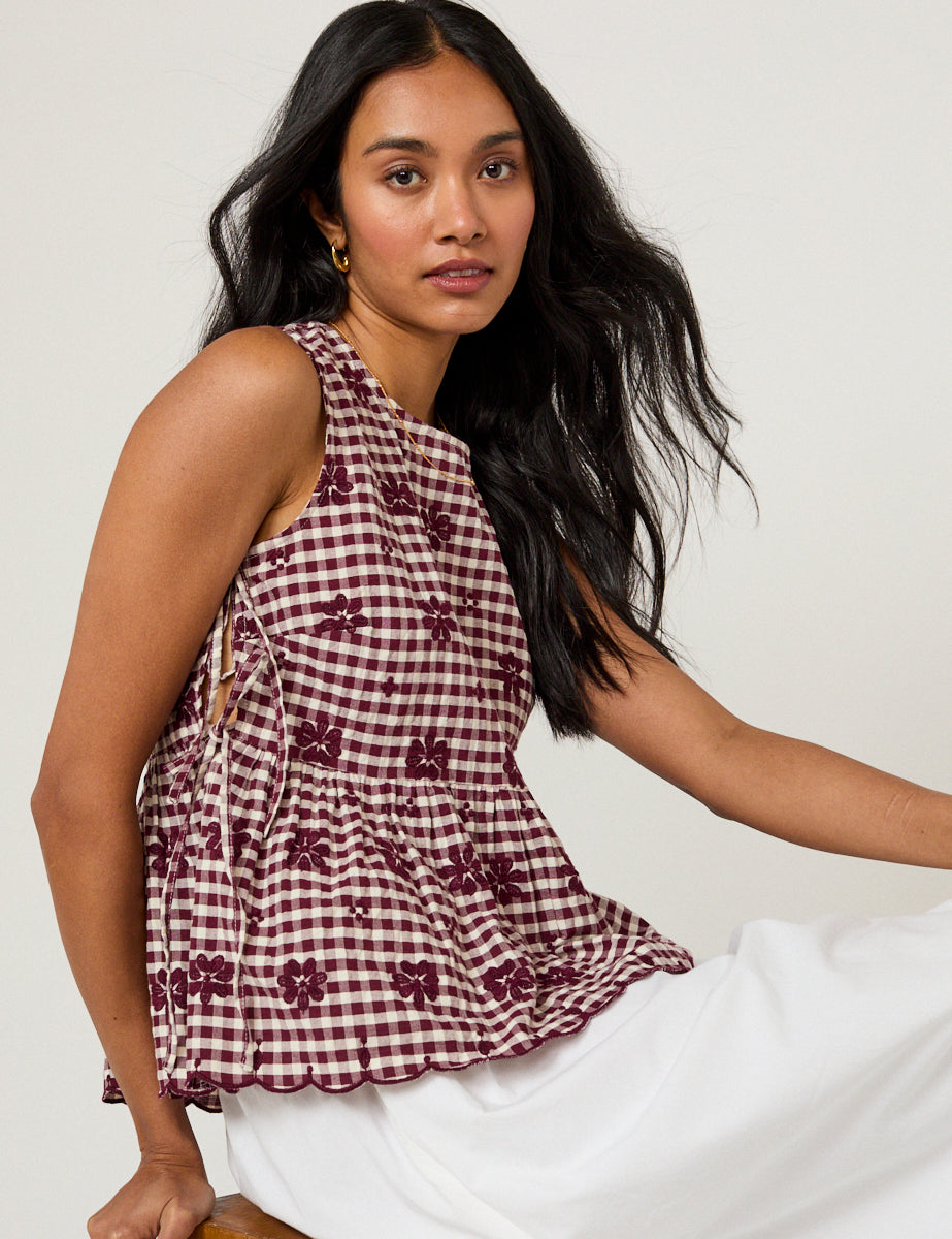 Burgundy Gingham Floral Swing Top