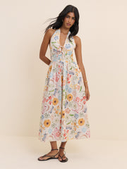 White Floral Halterneck Lilijana Midi Dress