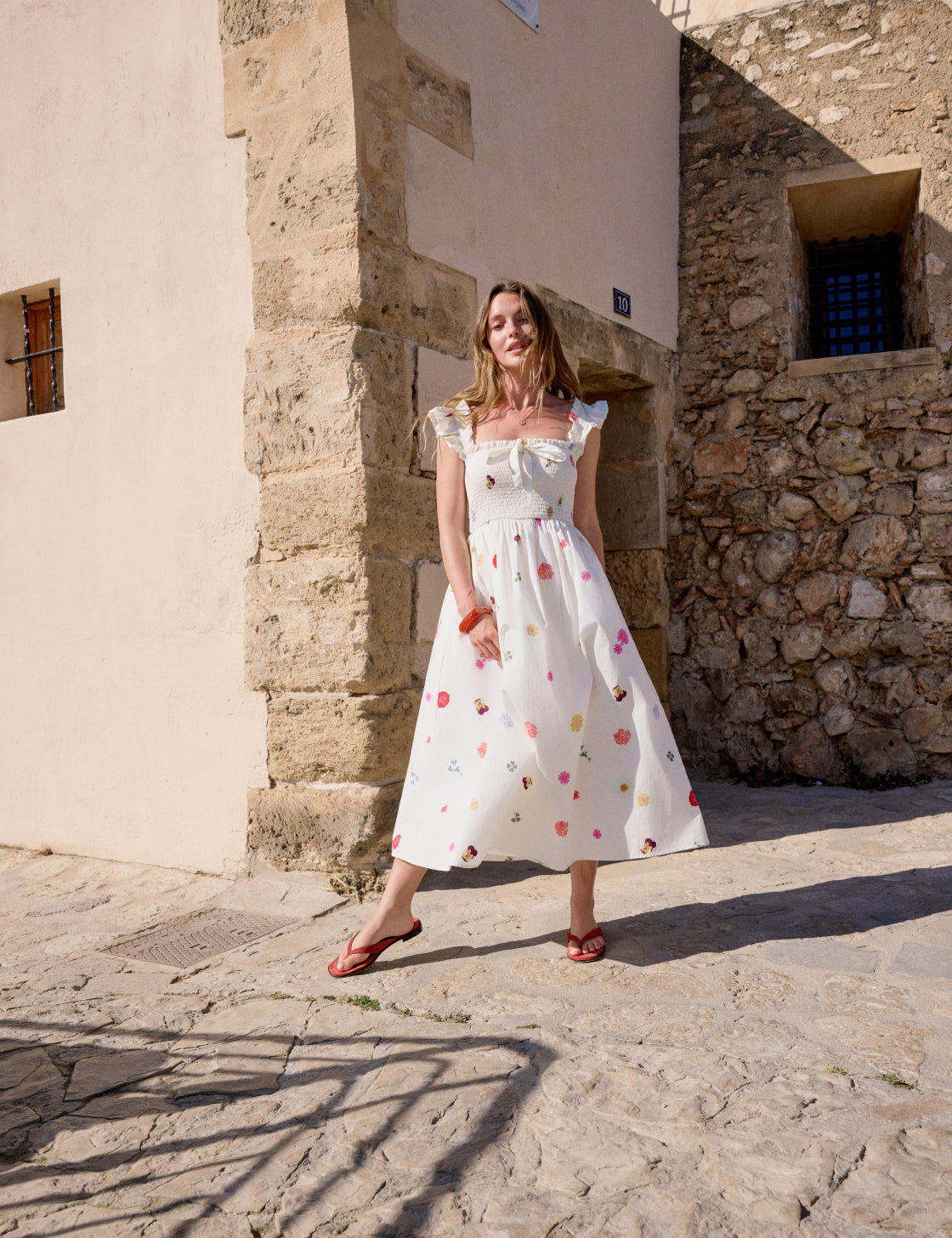 White Floral Shirred Christina Midi Dress