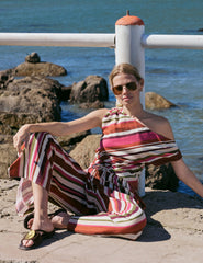 Multi-Coloured Striped Linen-Blend One Shoulder Top