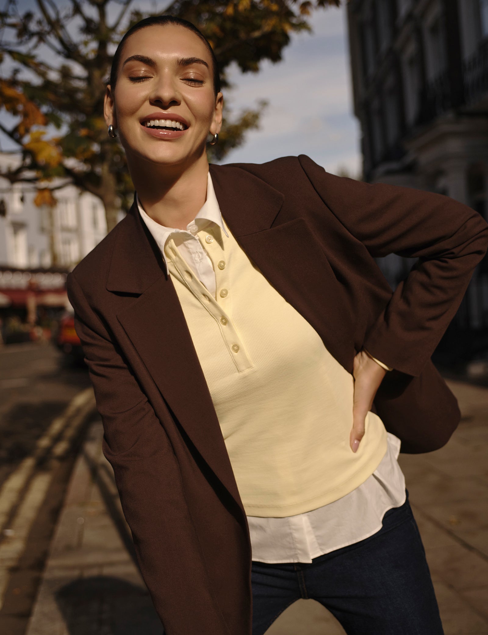 Chocolate Brown Twill Double Breasted Blazer