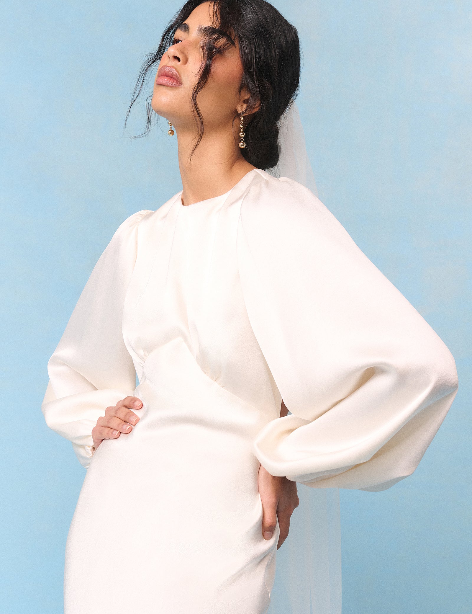 Bridal Ivory Satin Open Back Long Sleeve Isadora Maxi Dress