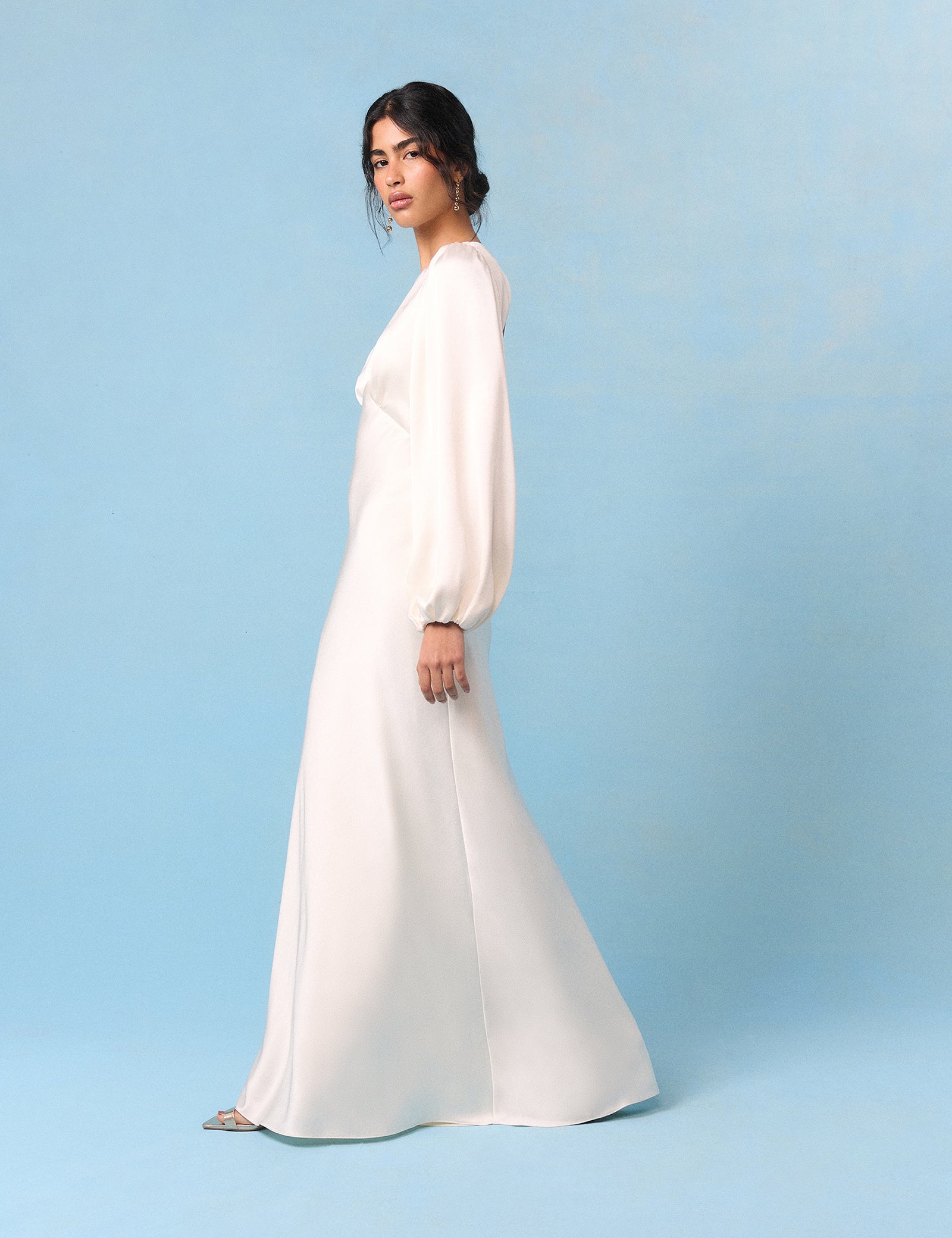 Bridal Ivory Satin Open Back Long Sleeve Isadora Maxi Dress