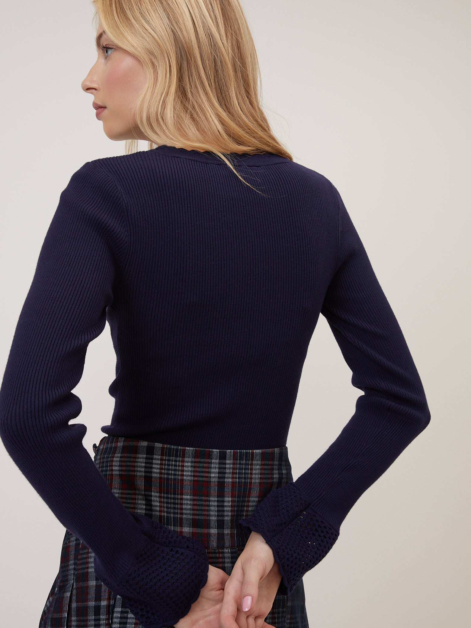 Navy Crochet Trim Knitted Top