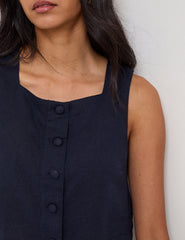 Navy Linen-Blend Button Front Top