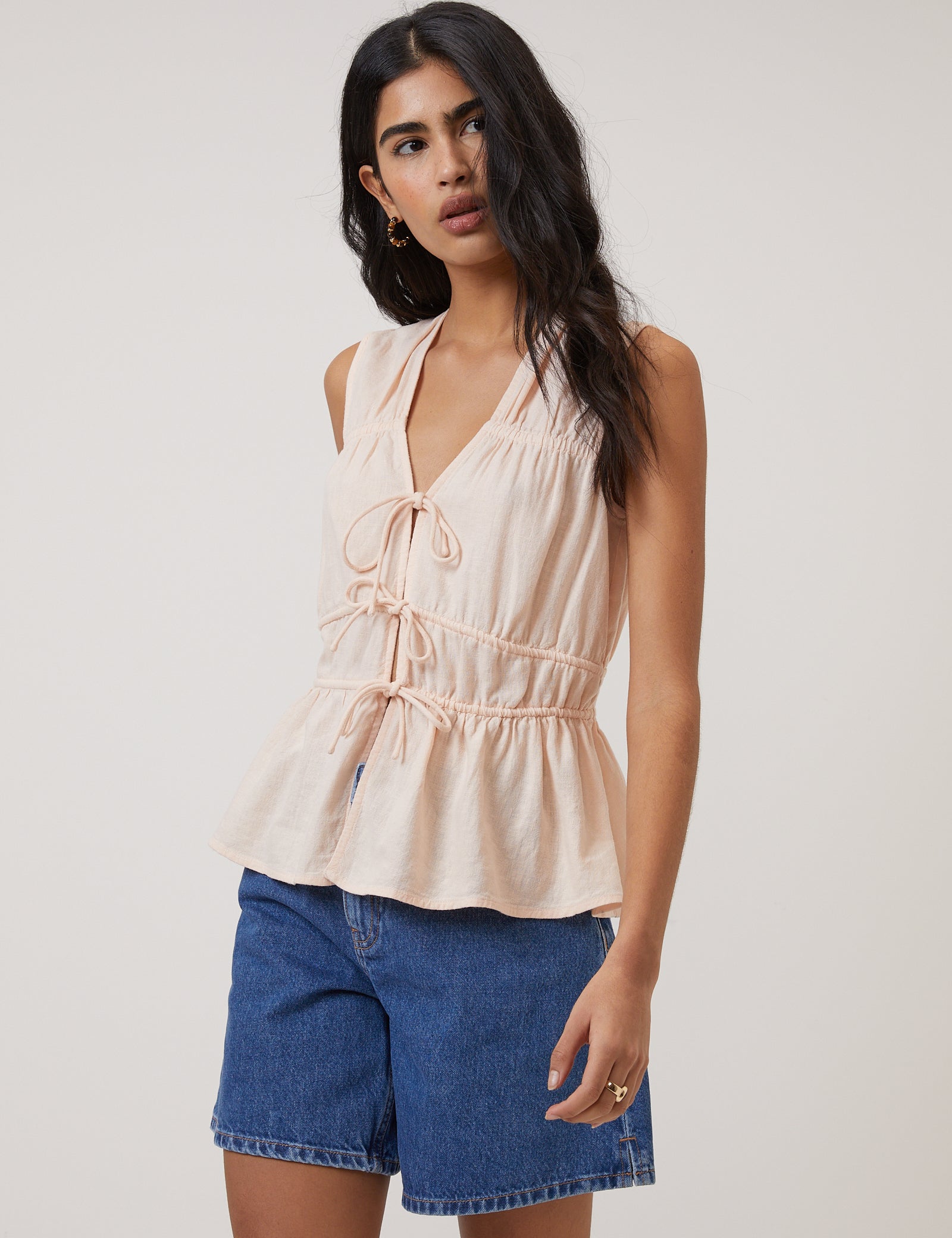 Pink Cordie Ruched Tie Front Linen-Blend Top
