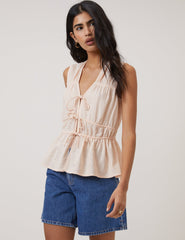 Pink Cordie Ruched Tie Front Linen-Blend Top