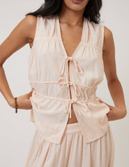 Pink Cordie Ruched Tie Front Linen-Blend Top
