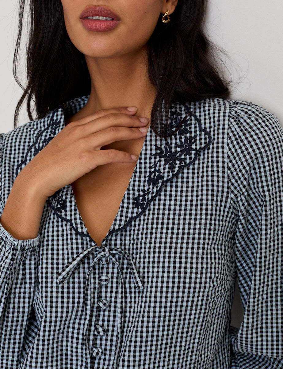 Navy Gingham Embroidered Collared Blouse