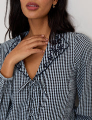 Navy Gingham Embroidered Collared Blouse