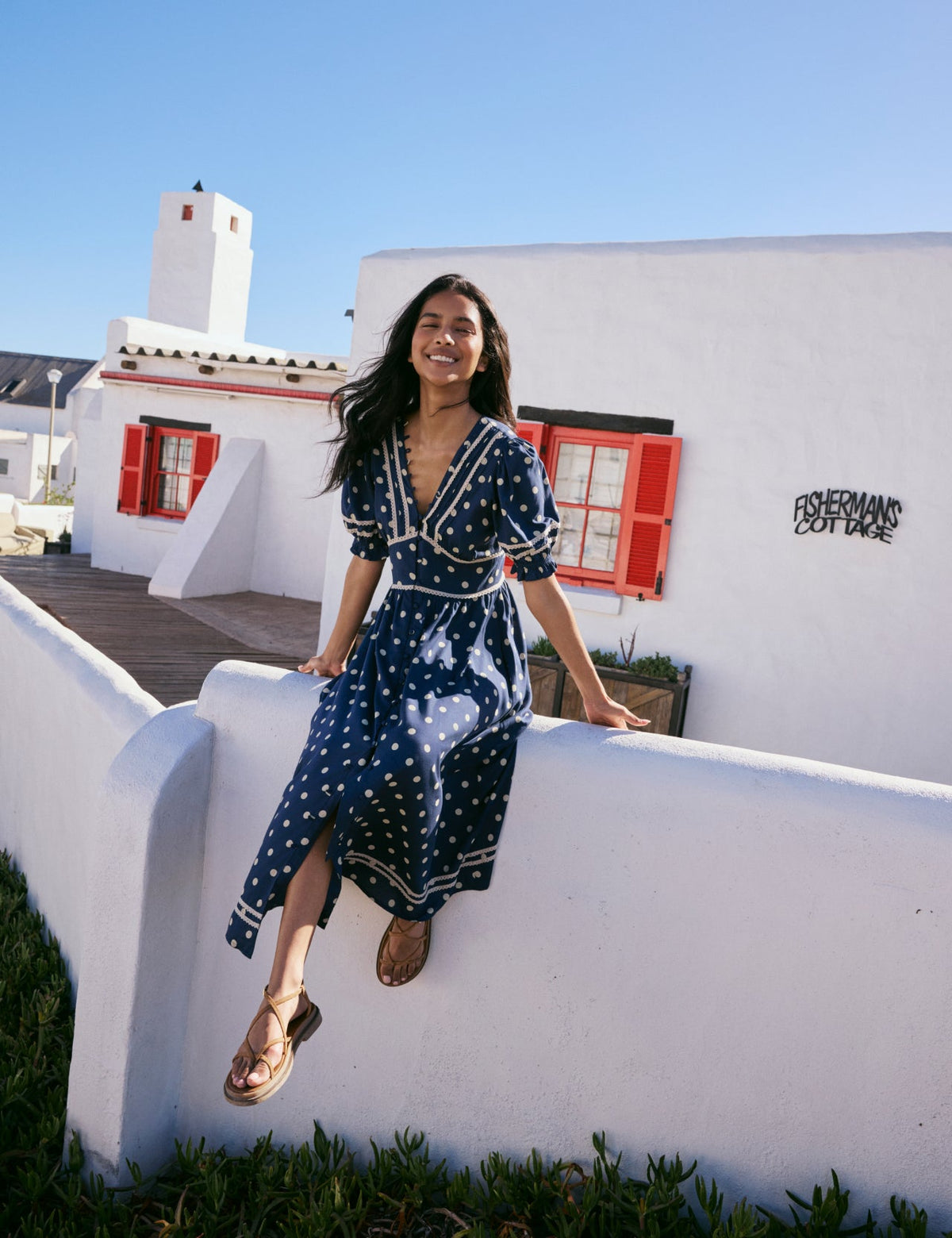 Navy Polka Dot Puff Sleeve Saffy Midi Dress