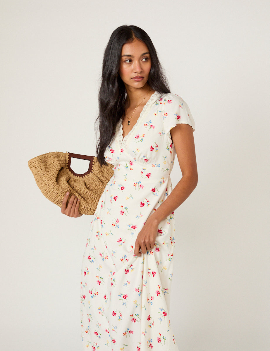 White Floral Lace Trim Kacey Midi Dress