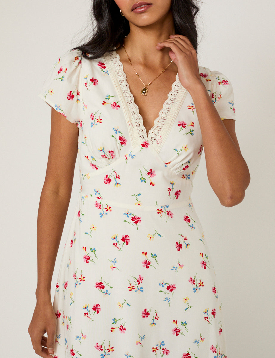 White Floral Lace Trim Kacey Midi Dress