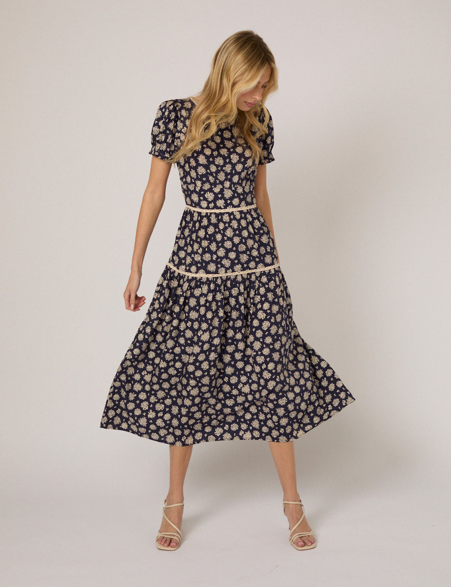 Navy Floral Tiered Dara Midi Dress