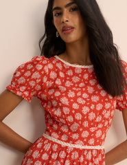 Red Ditsy Floral Tiered Dara Midi Dress
