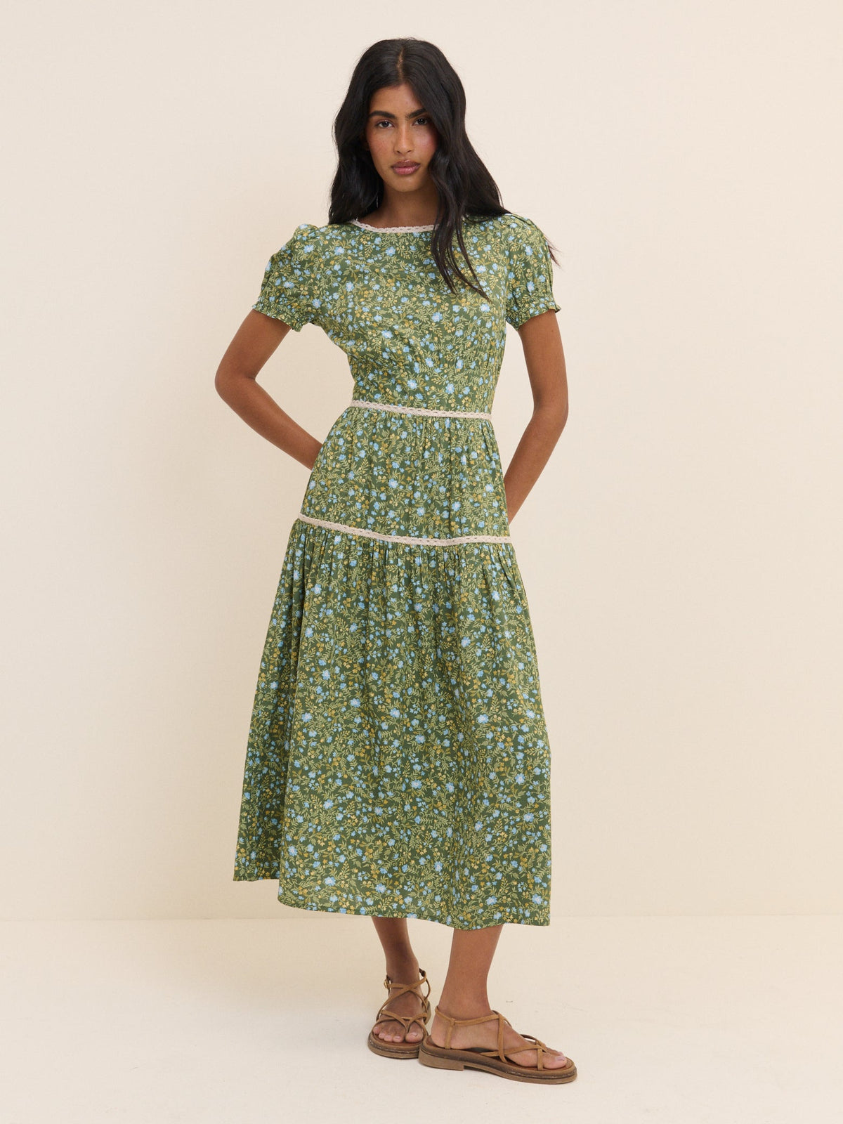 Green Ditsy Floral Tiered Dara Midi Dress