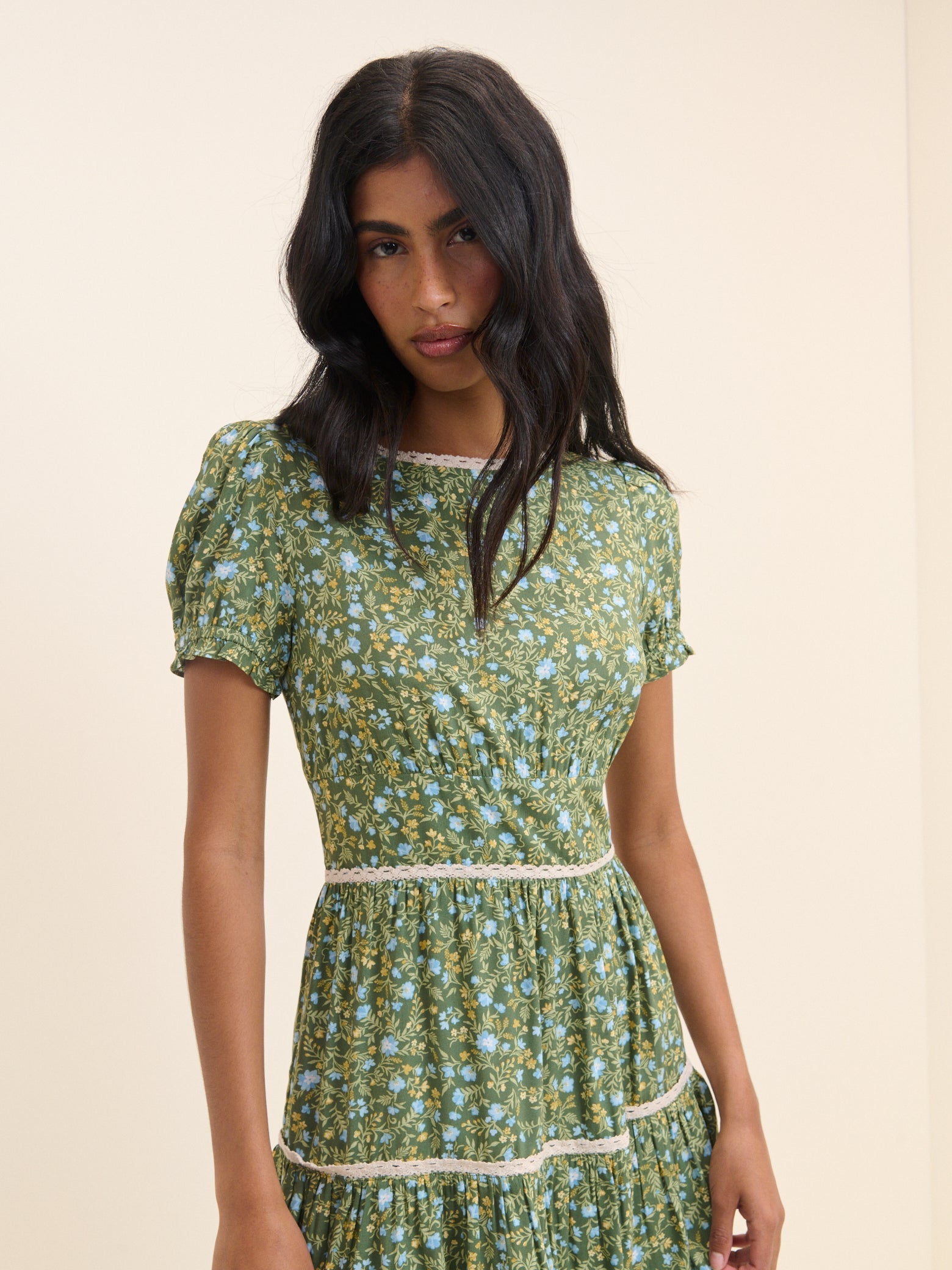 Green Ditsy Floral Tiered Dara Midi Dress