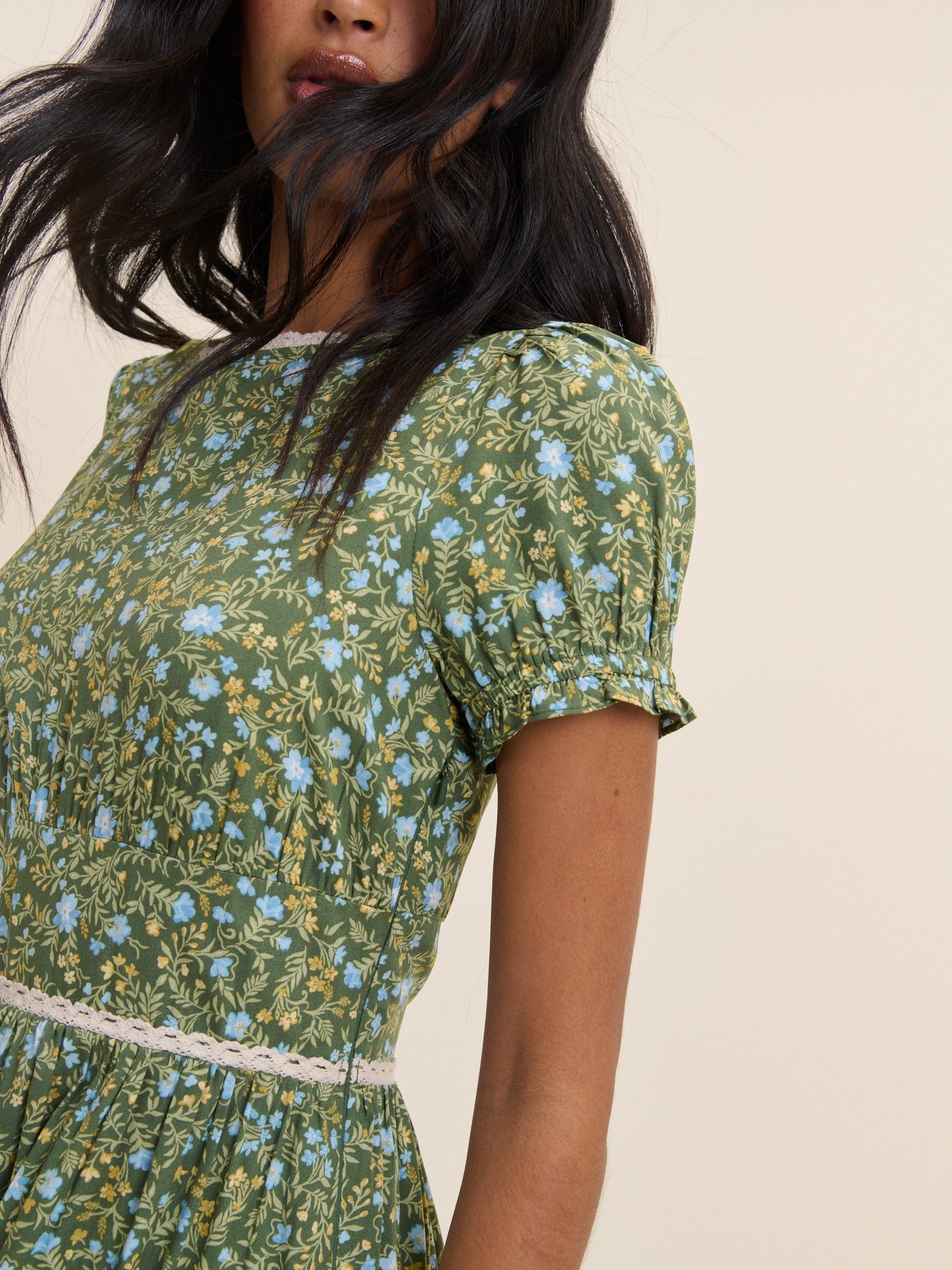 Green Ditsy Floral Tiered Dara Midi Dress