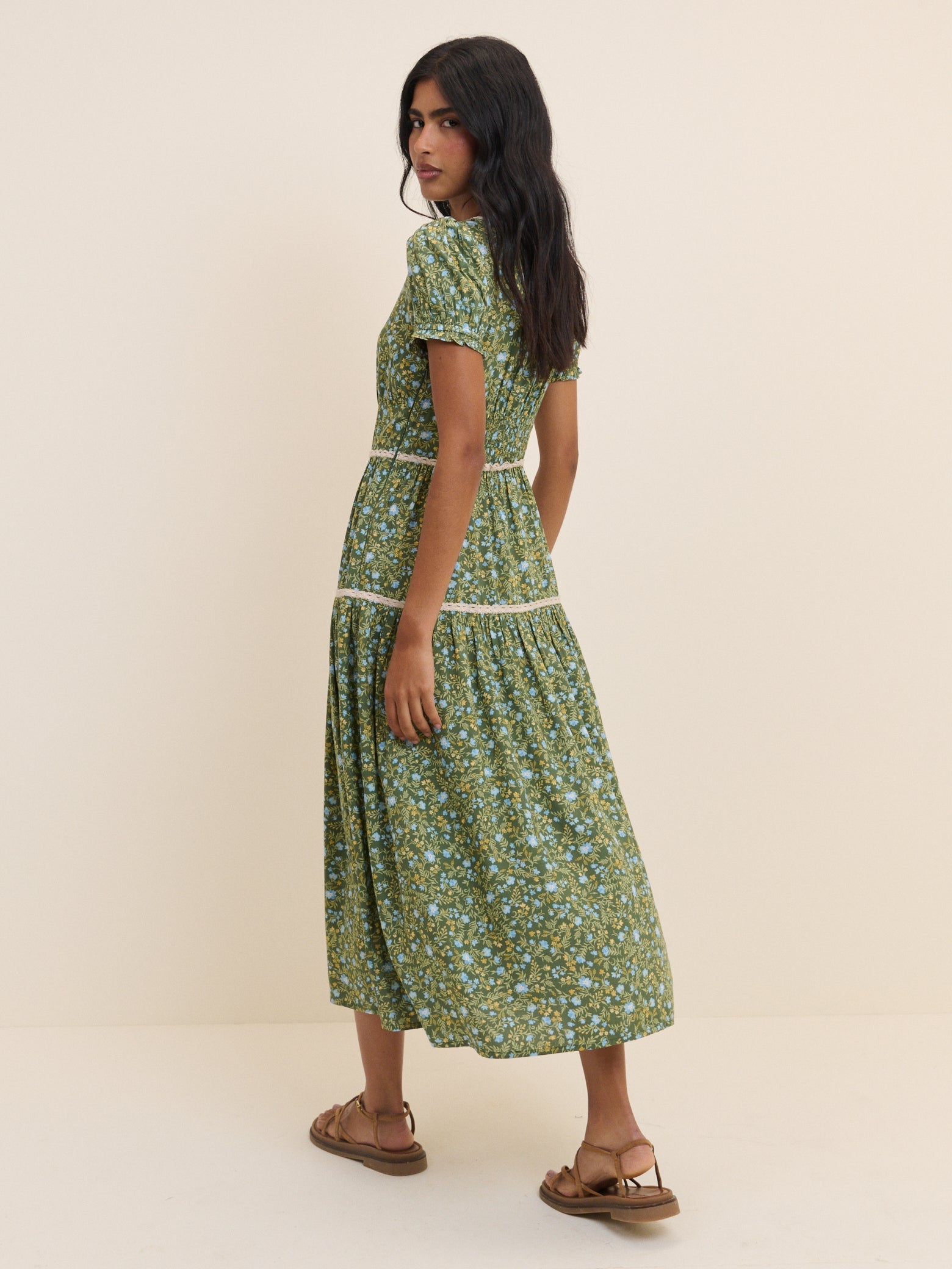 Green Ditsy Floral Tiered Dara Midi Dress