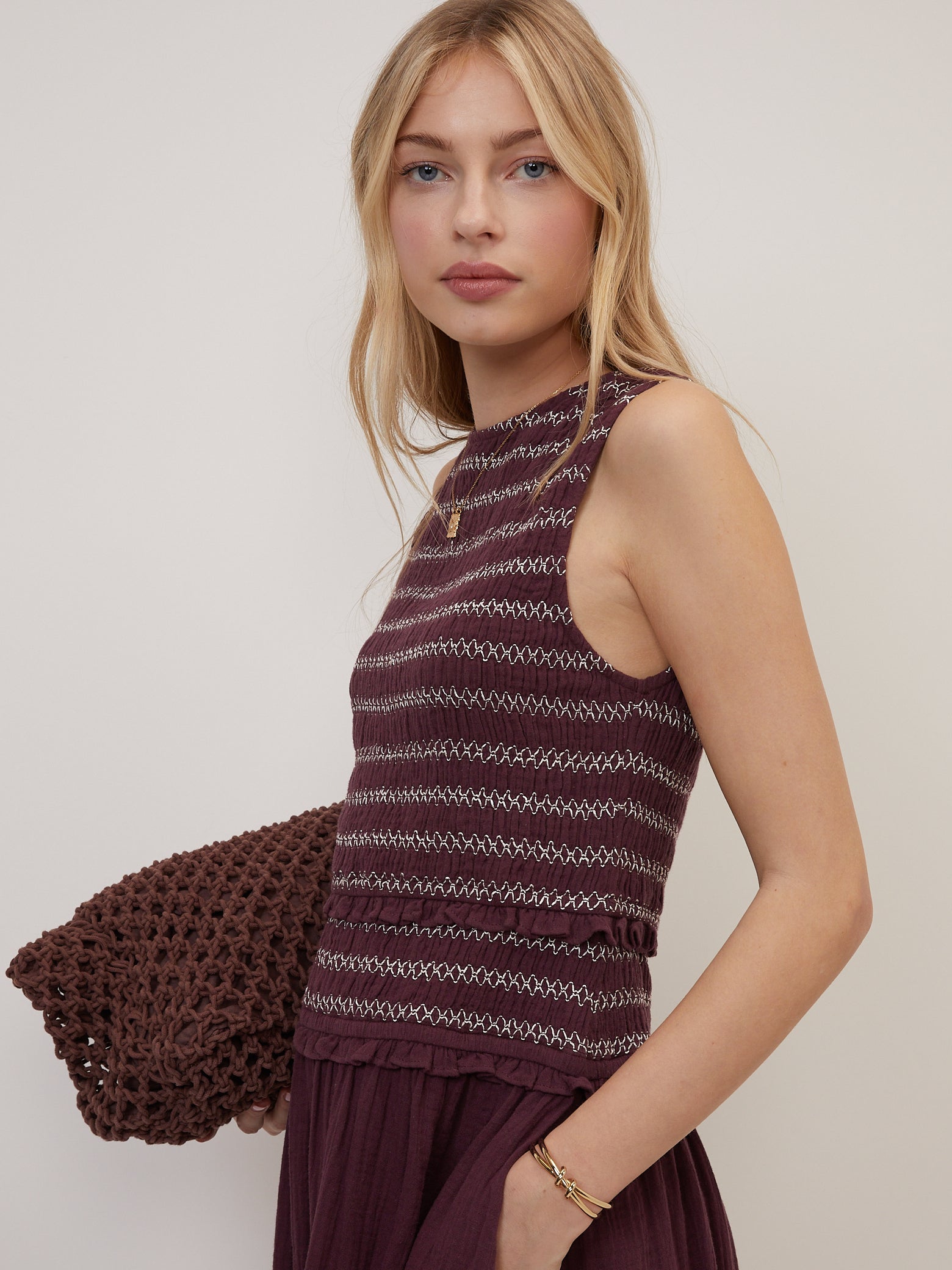 Purple Shirred Bodice Ingrid Midi Dress