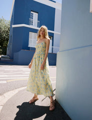 Butter Yellow Floral Shirred Waist Alina Midi Dress