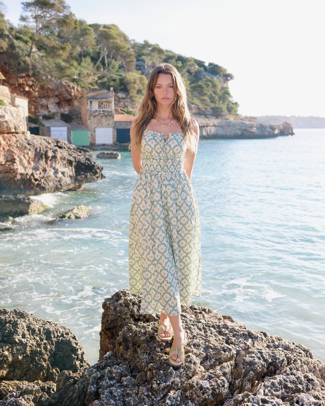 Blue Ocean Printed Shirred Waist Alina Midi Dress
