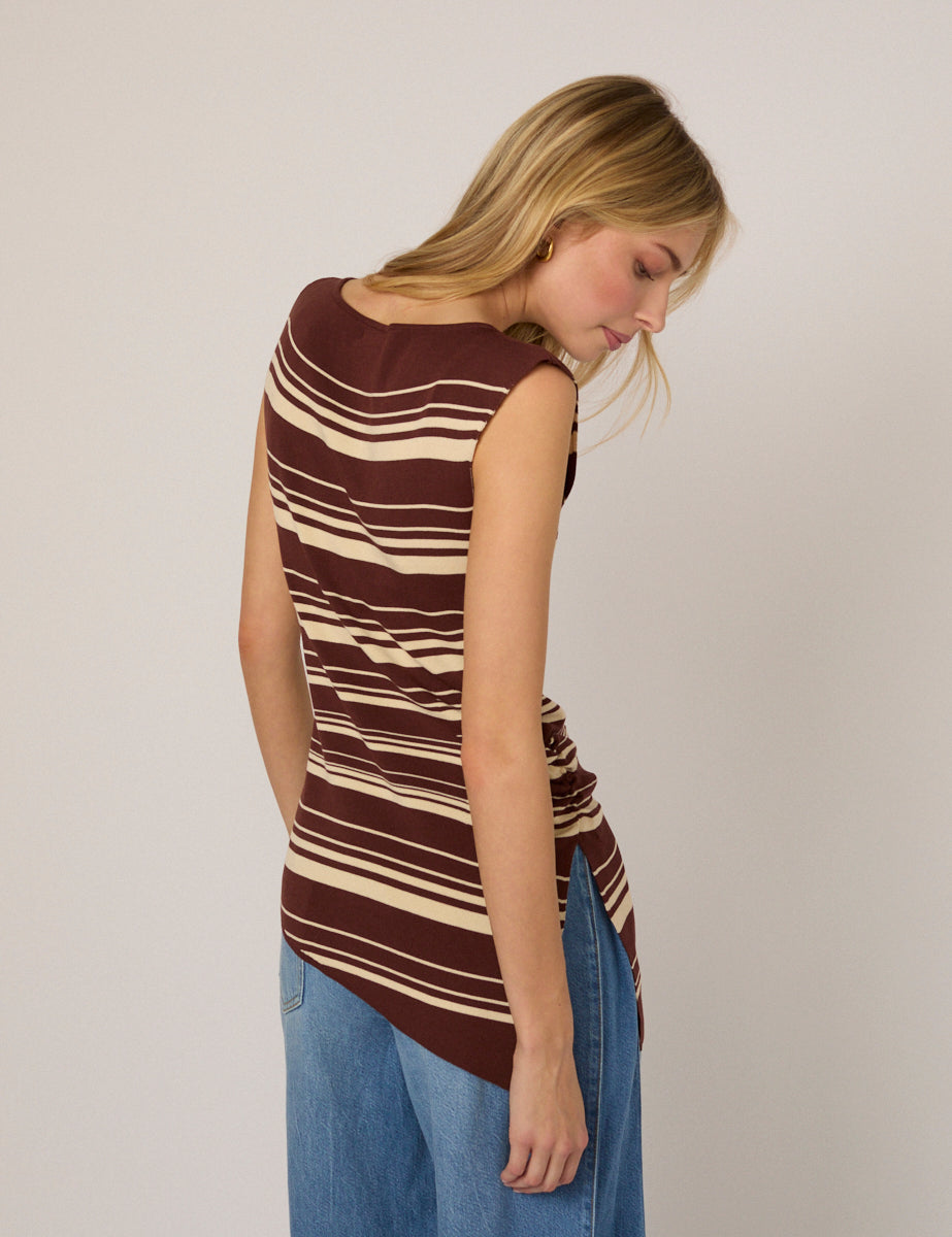 Brown Striped Boat Neck Knitted Top