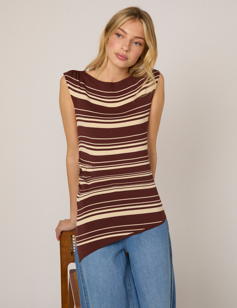 Brown Striped Boat Neck Knitted Top