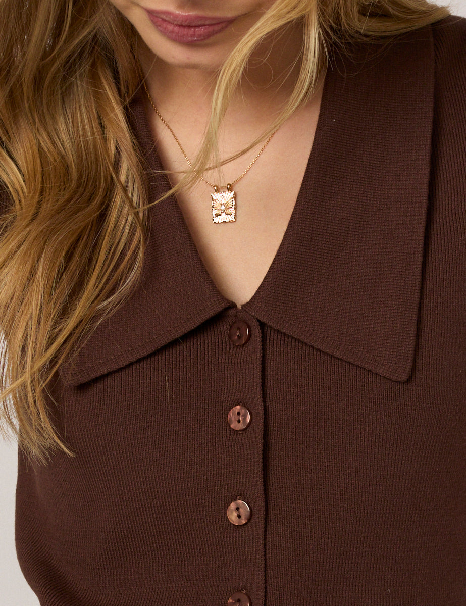 Brown Collar Detail Knitted Top
