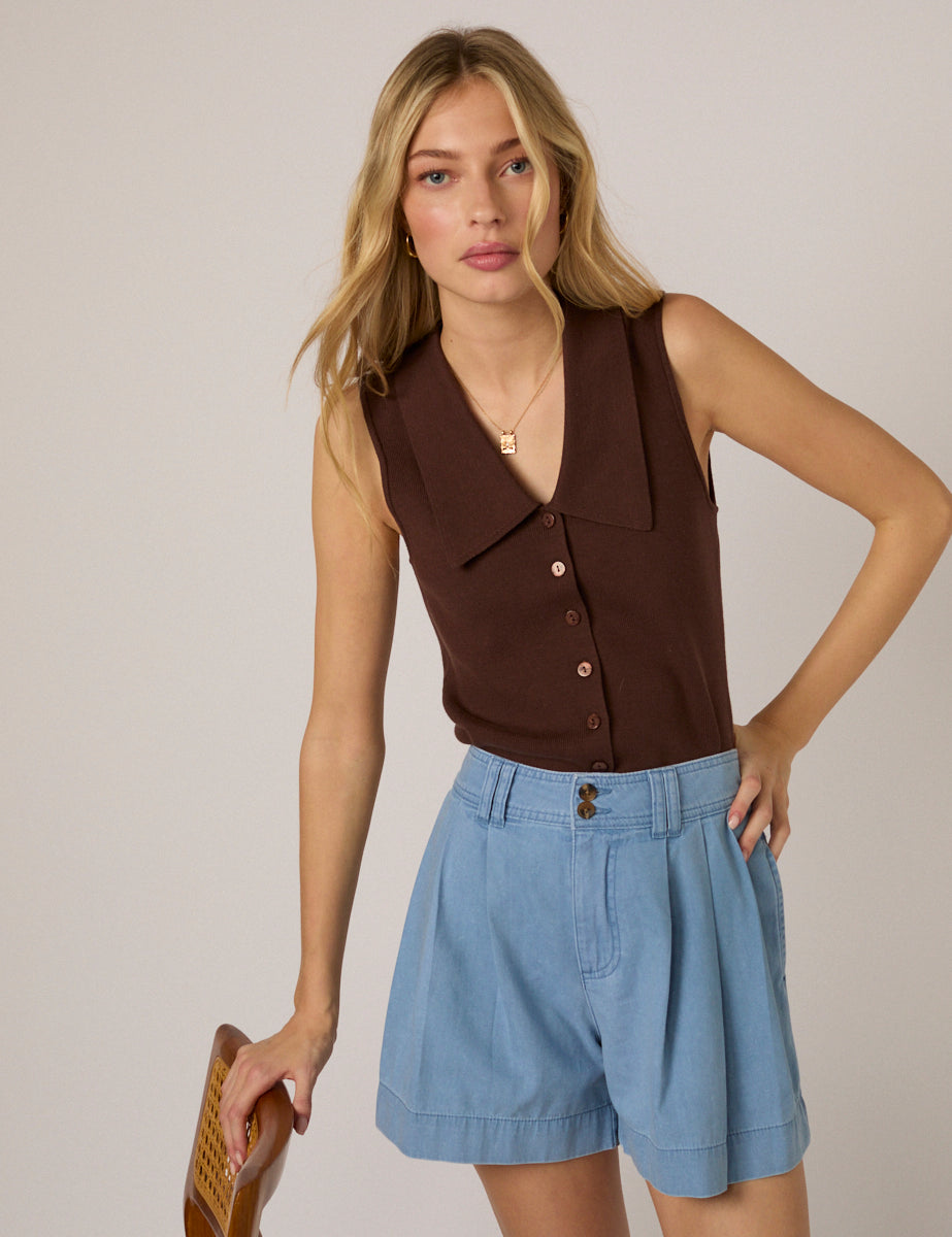 Brown Collar Detail Knitted Top
